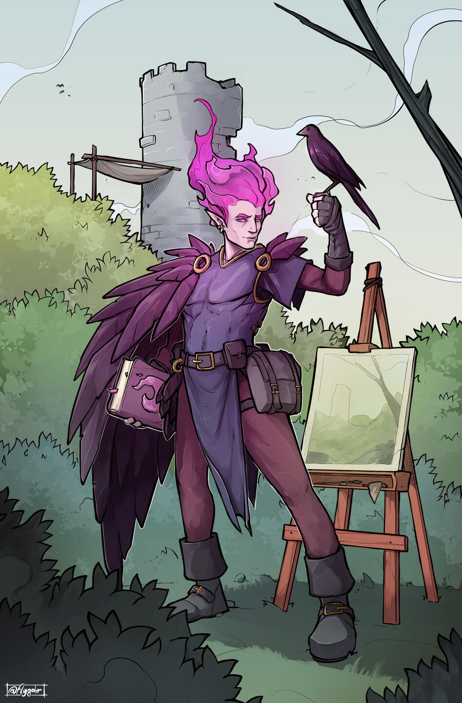 Ember Grackle, fire genasi wizard full-body portrait Ember Grackle, fire genasi wizard full-body portrait