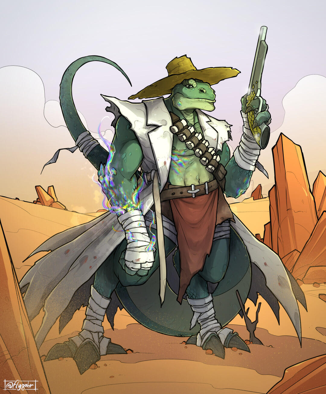 Dr. Eli, lizardfolk gunslinger full-body portrait Dr. Eli, lizardfolk gunslinger full-body portrait